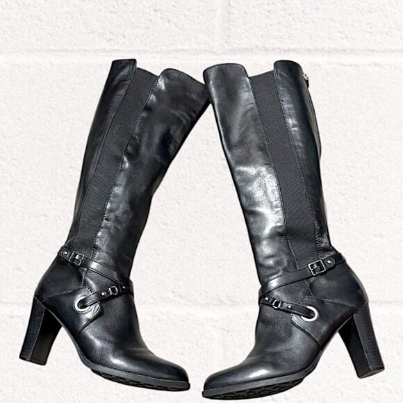 Adrienne Vittadini Tall Black Leather Boots with Buckle Embellishment Size 9 - Picture 2 of 13
